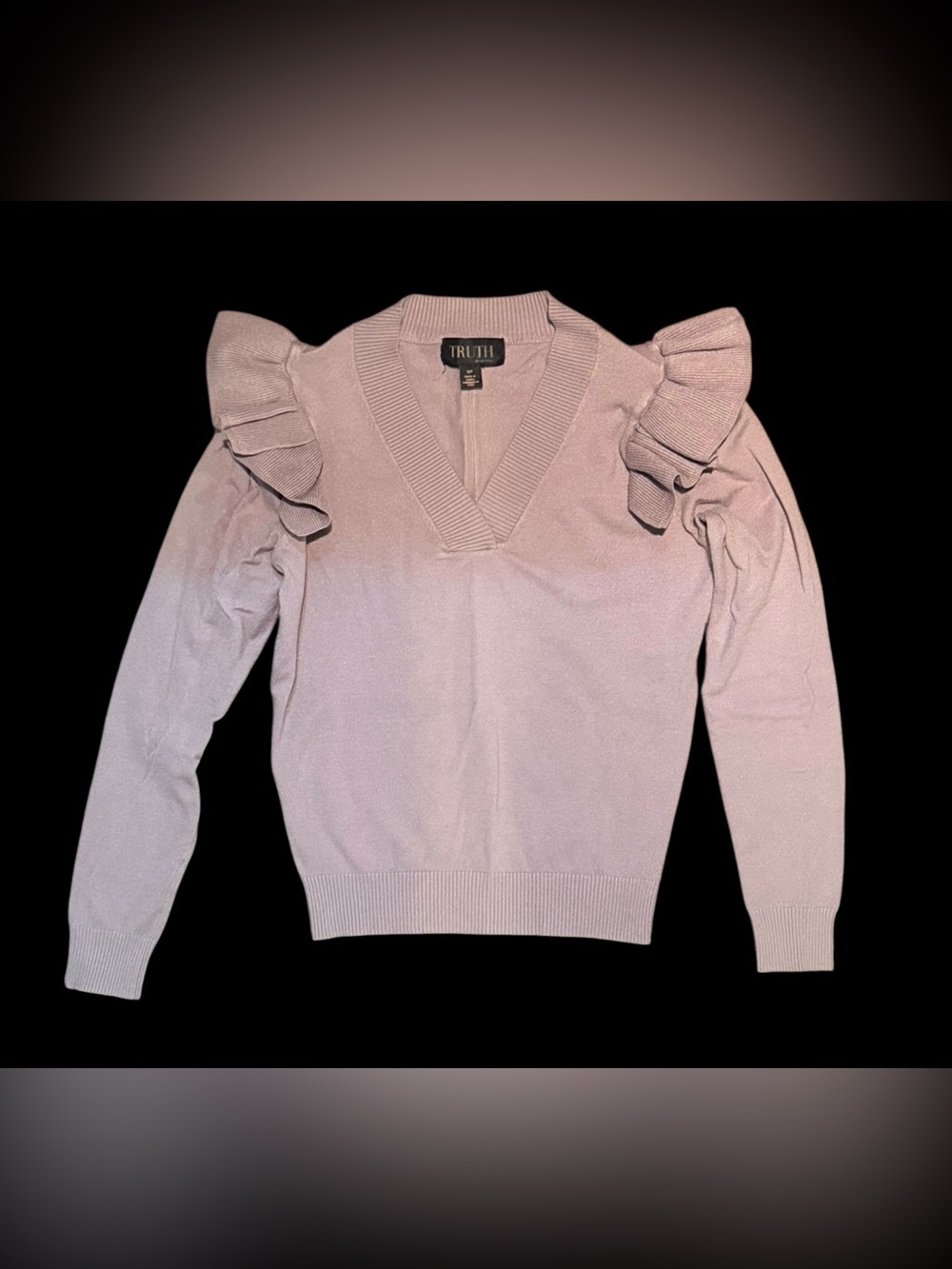Truth by Republic Womens S Ruffle Shoulder V Neck Sweater Mauve Pink Lightweight
